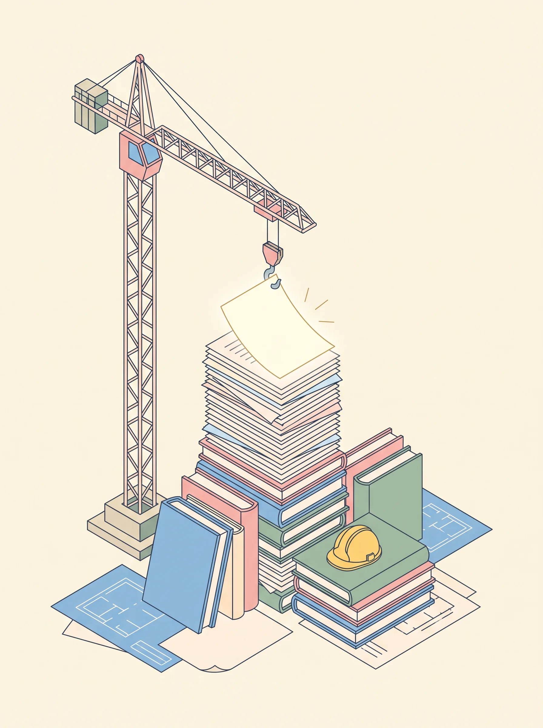 Ilustrasi crane menyusun tumpukan dokumen skripsi